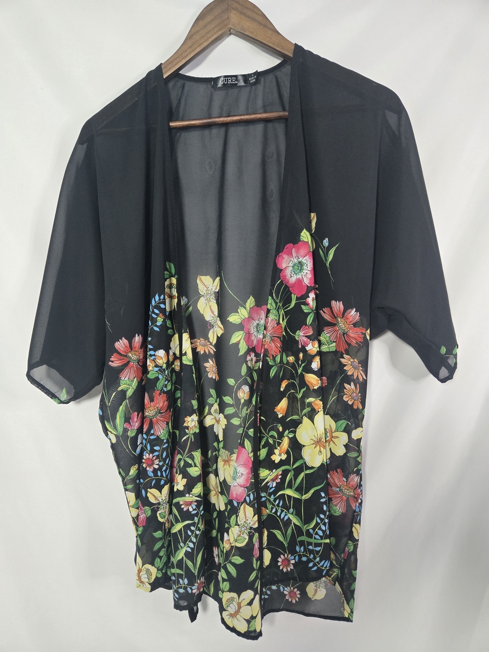 Curb Black Sheer Floral Kimono Top – Lightweight Open Front – Size L